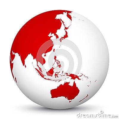 White 3D Globe Icon with Red Continents. Focus on Australia, Stock Photo