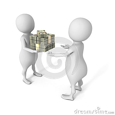 White 3d man giving bundle of dollars to another person Cartoon Illustration