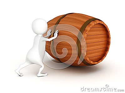 White 3d man push wooden wine barrel Cartoon Illustration