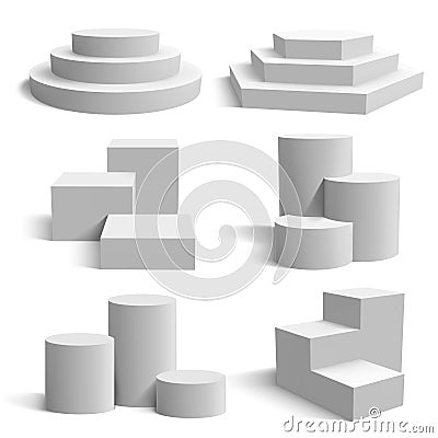 White 3d podium. Realistic pedestal cylinder and round stand stages, geometric 3d presentation platform vector Vector Illustration