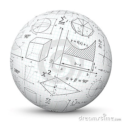 White 3D Vector Sphere with Graph Paper Texture and Mathematical Symbols - Math Cheat Slip Stock Photo
