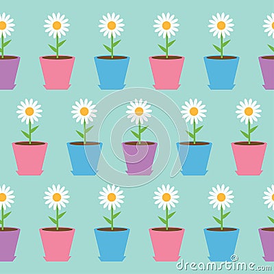 White daisy chamomile flower in pot. Camomile Seamless Pattern Wrapping paper, textile template. Blue background. Flat design. Vector Illustration