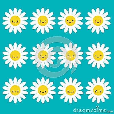 White daisy chamomile icon emoji set set. Funny kawaii cartoon characters. Emotion collection. Vector Illustration