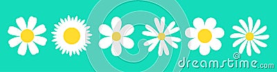 White daisy chamomile set. Camomile icon line banner. Cute round flower head plant nature collection. Decoration element. Love Vector Illustration