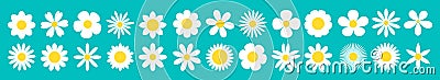 White daisy chamomile set line. 26 round sign symbols. Camomile icon. Cute round flower plant collection. Yellow heart center. Vector Illustration