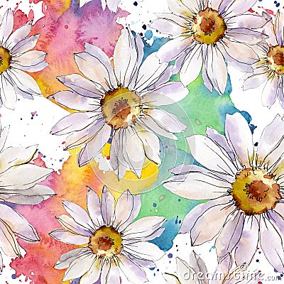 White daisy floral botanical flower. Watercolor background illustration set. Seamless background pattern. Cartoon Illustration