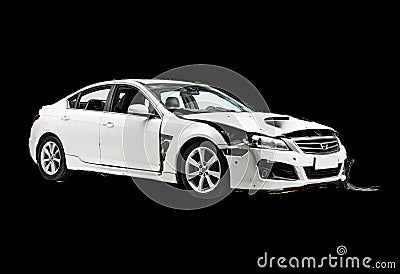 A White Damaged Sedan Car with a Sleek Design and Visible Repair Needs Stock Photo