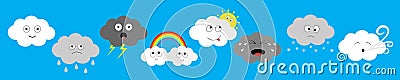 White dark cloud emoji emotion icon set line. Fluffy clouds. Sun, rainbow, rain drop, wind, thunderbolt storm lightning. Cute Vector Illustration