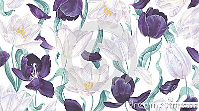 Wallpaper with realistic vector tulips for desktop on computers, laptops, tablets. Vector Illustration