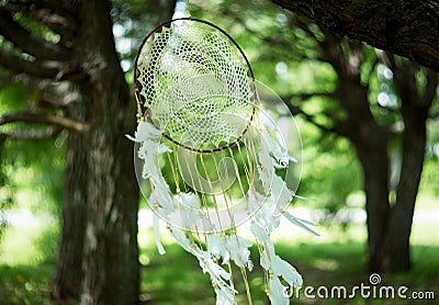 White decorative dreamcatcher, spiritual amulet, protection. Boho style Stock Photo