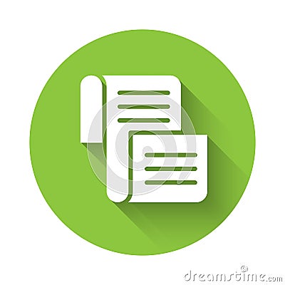 White Decree, paper, parchment, scroll icon icon isolated with long shadow. Green circle button. Vector Vector Illustration