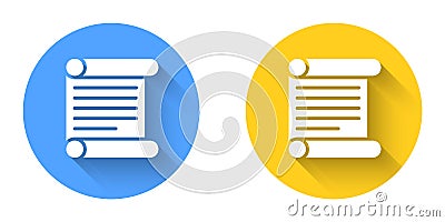 White Decree, paper, parchment, scroll icon icon isolated with long shadow background. Circle button. Vector Vector Illustration