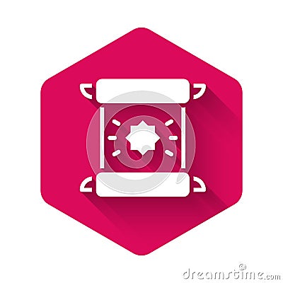 White Decree, paper, parchment, scroll icon icon isolated with long shadow background. Pink hexagon button. Vector Stock Photo