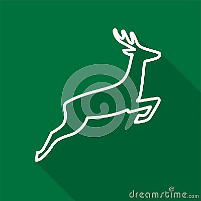 White deer outline icon with long shadow on green background. Vector Illustration