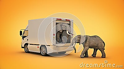 White delivery truck with an elephant. 3d rendering Stock Photo