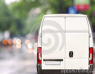 White delivery Van driving fast on city blurr bokeh street Editorial Stock Photo