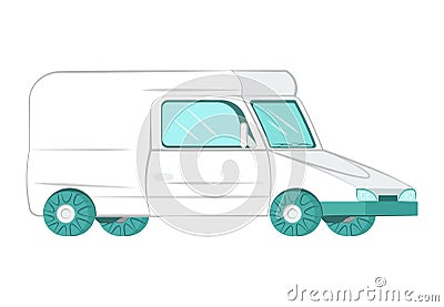White delivery van side view with blue wheels and details. Simplified courier transport vehicle design. Logistics and Vector Illustration