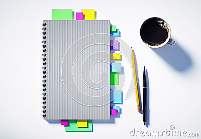 Top view of a white desktop with organizer and office accesoires Stock Photo