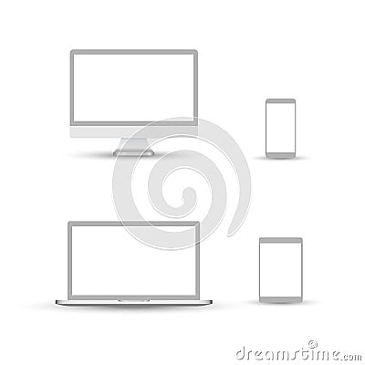 White desktop computer display screen smartphone tablet portable notebook or laptop. Outline mockup electronics devices phone Vector Illustration