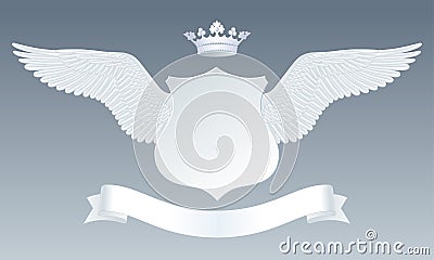 White detailed realistic wings with cut paper sign, crowns and r Vector Illustration