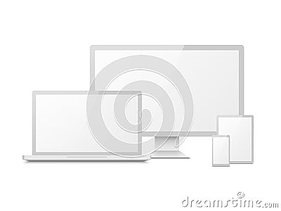 White device mockup. Tablet laptop smartphone screen computer pc display. 3d electronic touchscreen multimedia devices Vector Illustration