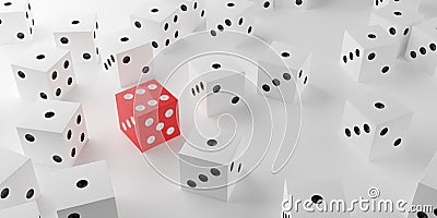 White dice showing number one with one red dice showing number six over white background, standing out from the crowd, creativity Cartoon Illustration