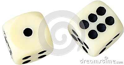 White dices in midair on white background close up Stock Photo