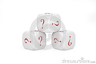 3 white dices with red color symbol is question mark. Gambling ignorance and confusion risky investment business success idea. Stock Photo