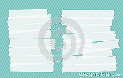 White different size adhesive, sticky, masking, duct tape, paper pieces on turquoise squared background. Vector Illustration