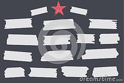 White different size adhesive, sticky tape, paper pieces with red star on black background. Vector Illustration