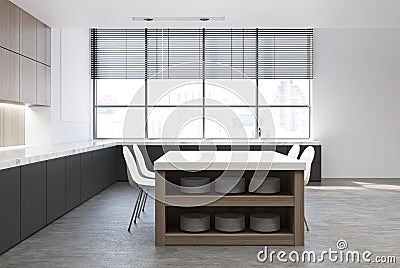 White dining room and kitchen, dark marble, side Stock Photo