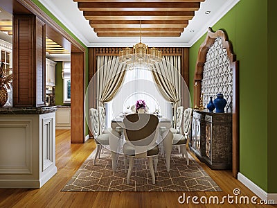 White dining table with green chairs against the wall with arabic stucco pattern and wood framing in an arabic style interior Stock Photo