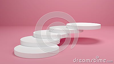 White disks lying on top of each other in the form of a swirling staircase. Podium on a pink background. 3D render Stock Photo