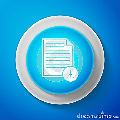 White Document with download icon isolated on blue background. File document symbol. Circle blue button with white line Vector Illustration