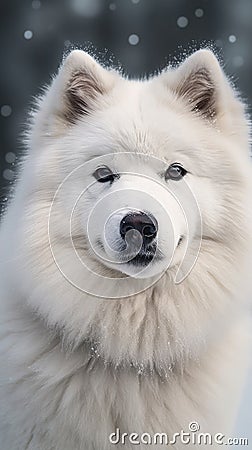 White dog with blue eyes, standing in snow. It is looking at camera and appears to be smiling or grinning. The dog's Stock Photo
