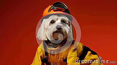 White Dog Dressed As A Fireman Orange Background Stock Photo