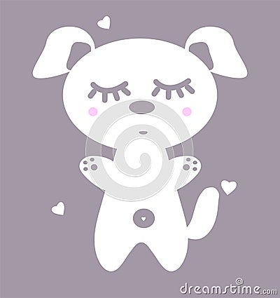 White dog with pink cheeks. Vector poster in the nursery. Funny Puppy is sleeping for print on clothes. Illustration of an anime Vector Illustration