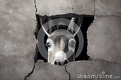 White donkey peeking out of a hole in a gray wall Stock Photo