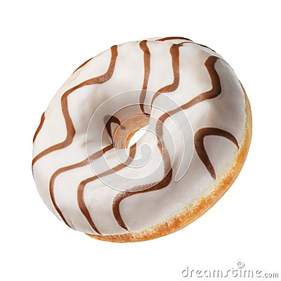White donut with brown strips isolated on white Stock Photo