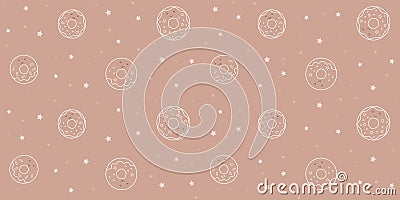 Seamless pattern with white kawaii donuts on a brown background with small stars and dots Vector Illustration