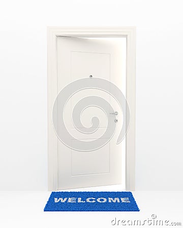 The white door and blue rug. Stock Photo