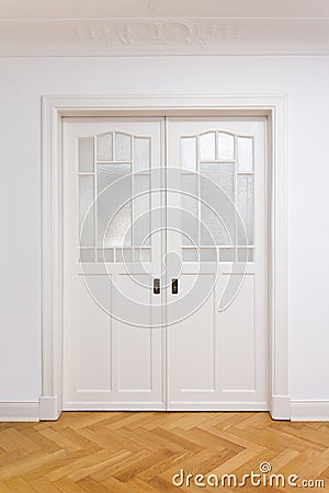 White door double sliding parquet Stock Photo