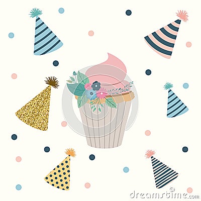 White dotted background with decorative party hat sets and cupcake in the center Vector Illustration