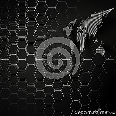 White dotted world map, connecting lines and dots on black color background. Vector Illustration