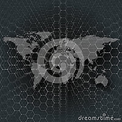 White dotted world map, connecting lines and dots on black color background. Vector Illustration