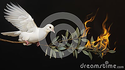 white dove and burning olive brunch Stock Photo