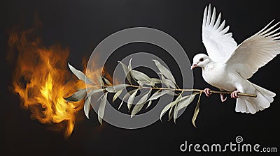 white dove and burning olive brunch Stock Photo