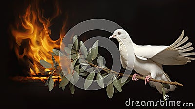 white dove and burning olive brunch Stock Photo