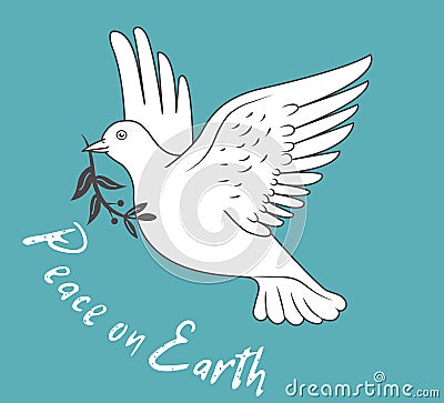 White Dove In Flight Holding An Olive Branch On Blue Background And With Text Peace On Earth. Vector Illustration