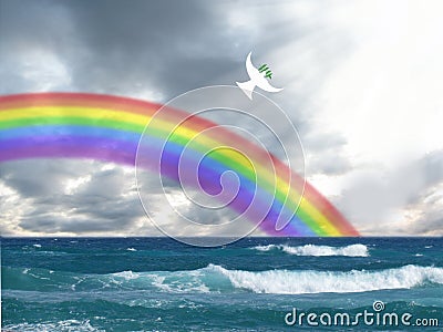 White dove flying to the light with olive leaf and rainbow christian symbol of peace and holy spirit Stock Photo